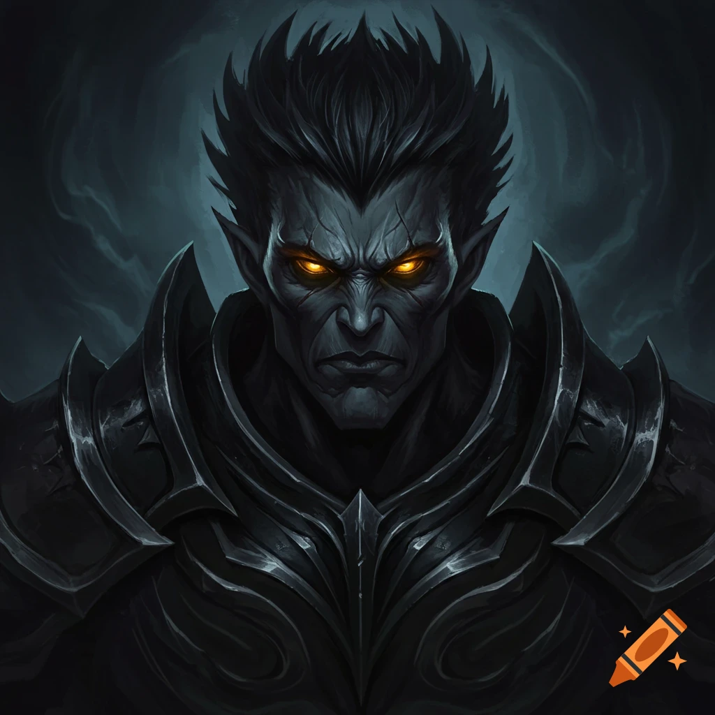 Close-up of a dark fantasy character with spiky hair, sharp features, glowing eyes, and intricate dark armor.