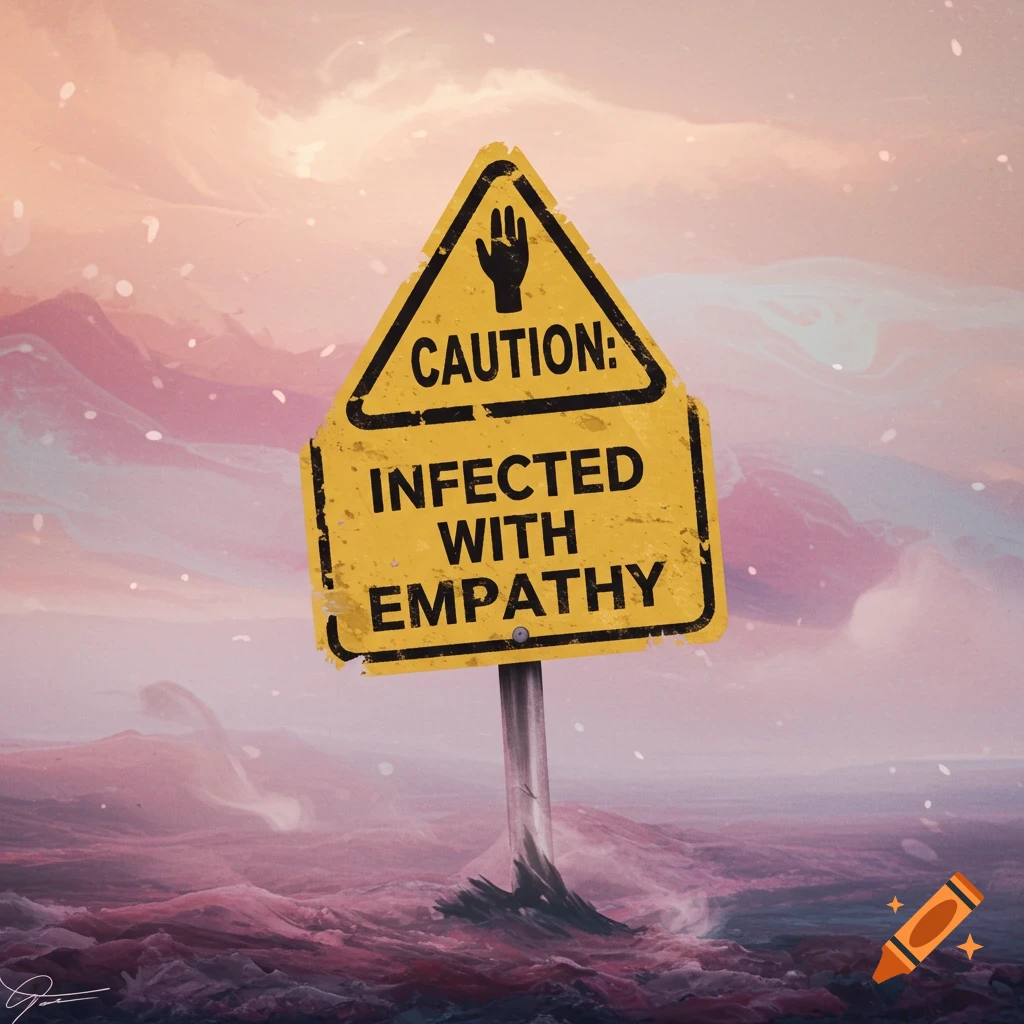 A yellow caution sign reads "Caution: Infected With Empathy" in a surreal landscape.