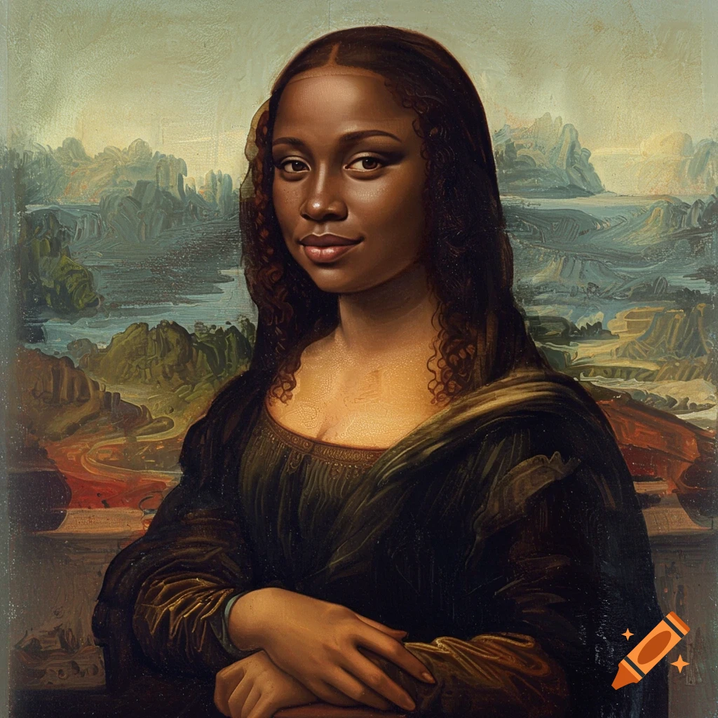 A portrait in the style of the Mona Lisa painting, featuring a black woman.