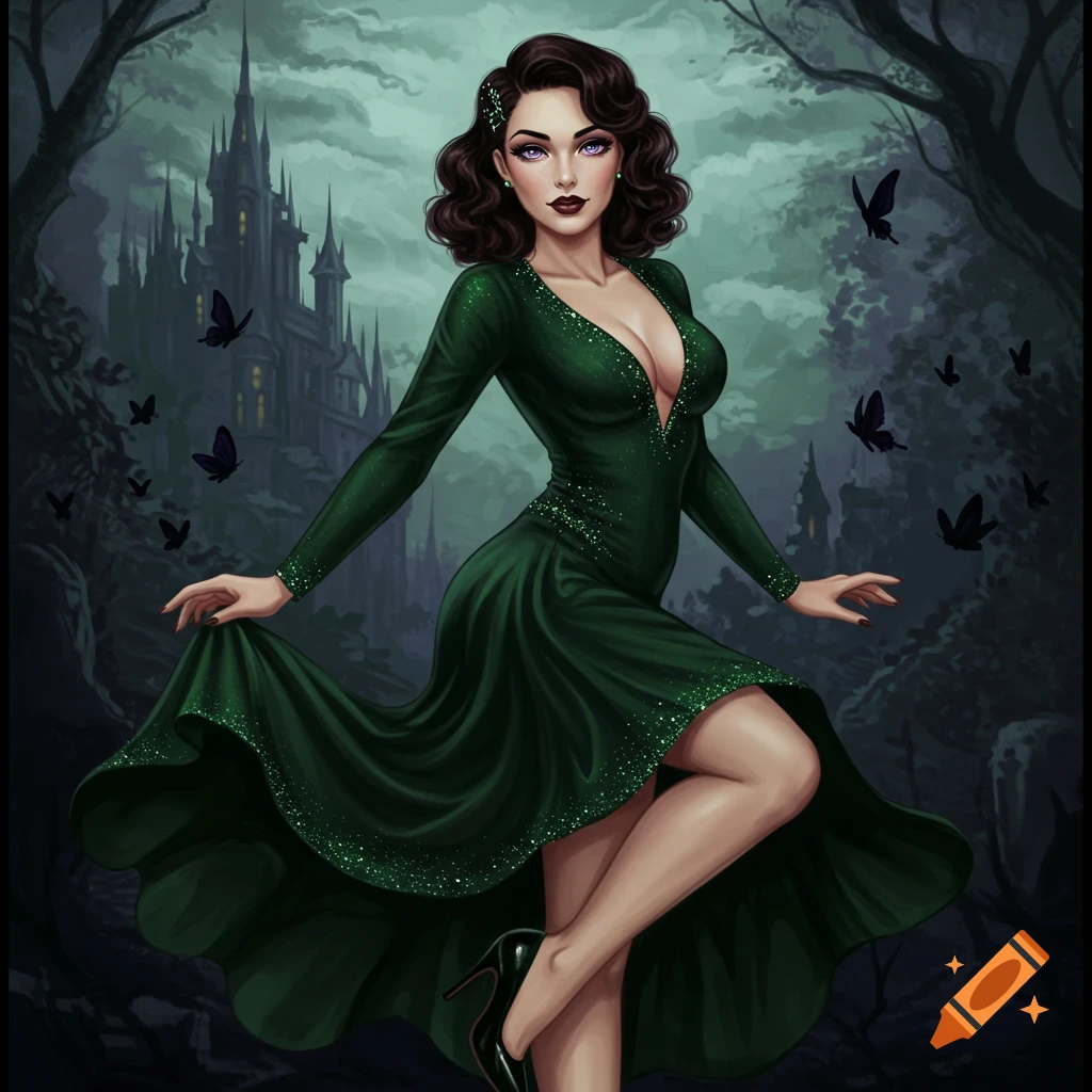 Pinup style woman in a sparkling green dress in front of a gothic castle with butterflies