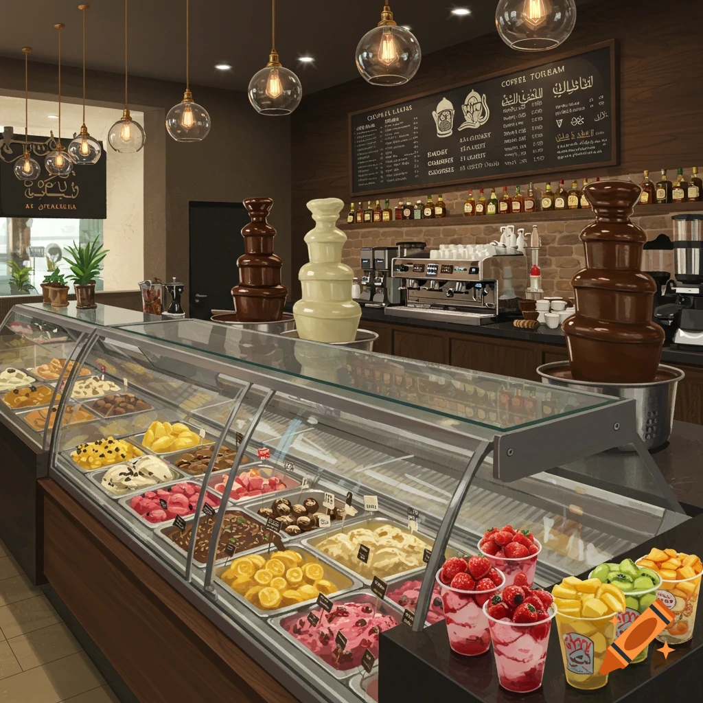 Coffee shop and ice cream parlor with showcases, chocolate fountains, coffee machines, and modern furniture.
