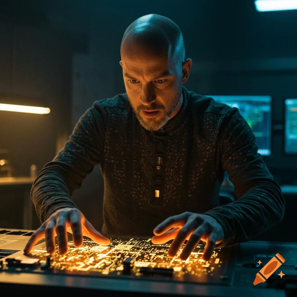 Bald man works at a glowing futuristic console in a dark room.