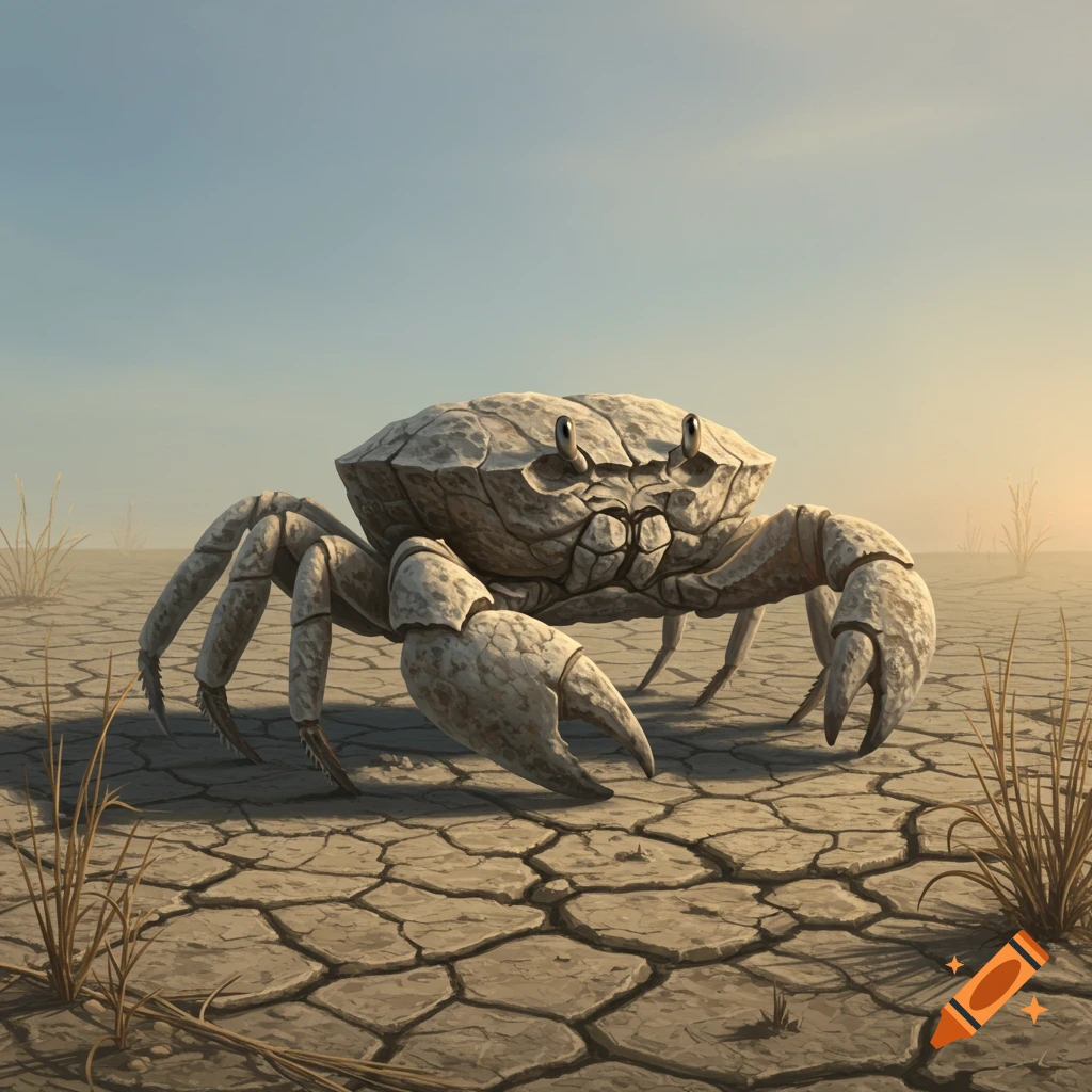 A stone-like crab stands on cracked dry land under a wide sky.