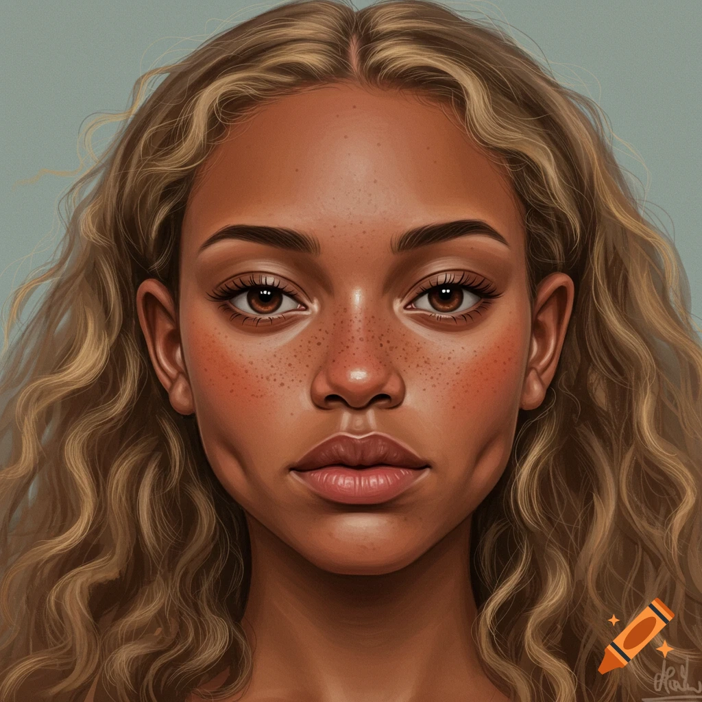 Close-up of a young woman's face with freckles, dimples, wavy hair, and intense eyes.
