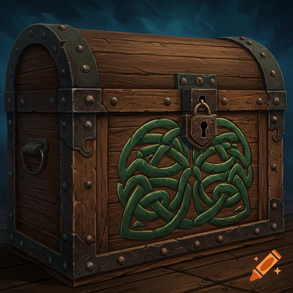 A wooden treasure chest with metal straps, a padlock, and a green Celtic knot design.