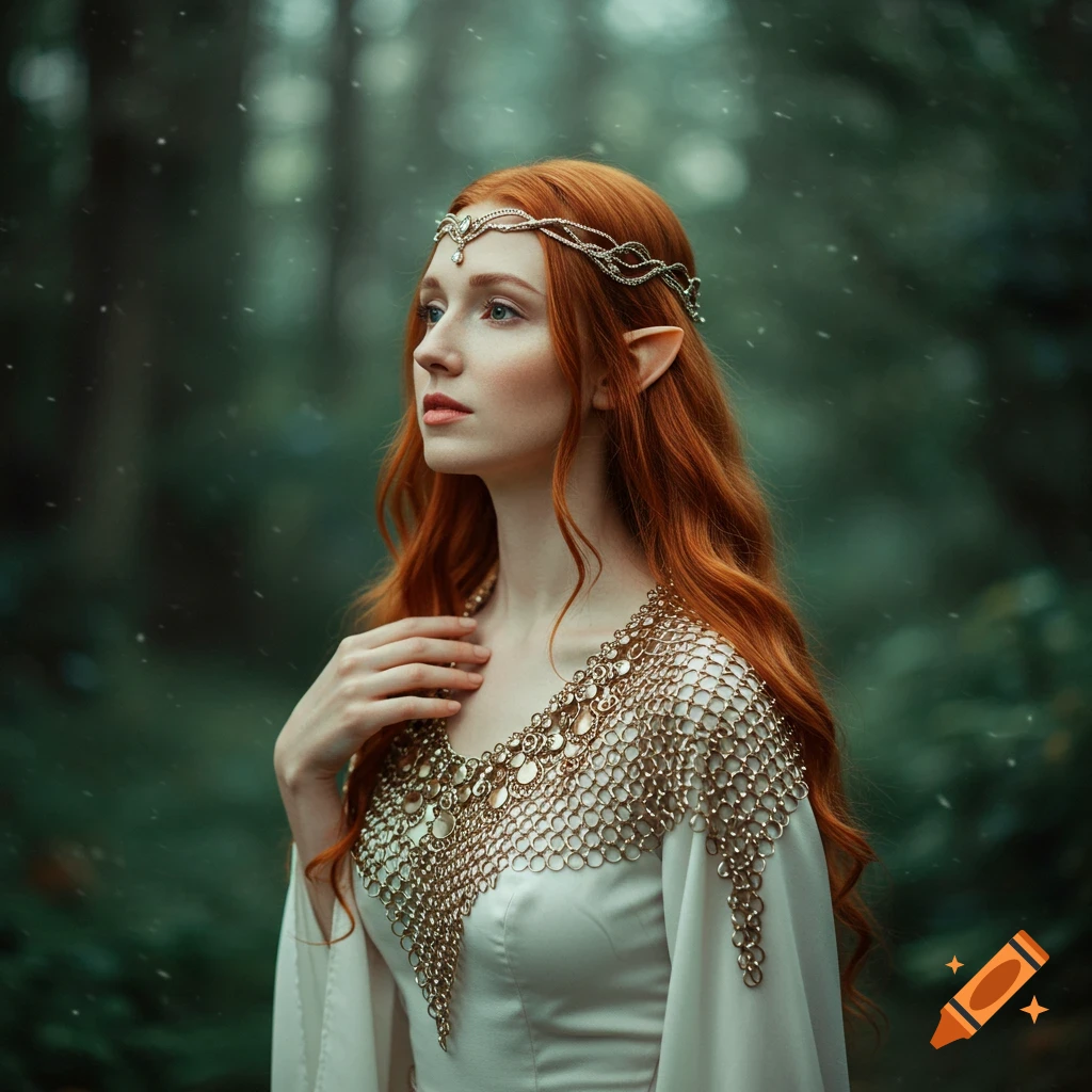 An elf queen with red hair, white dress, and gold chain mail stands in a snowy forest.