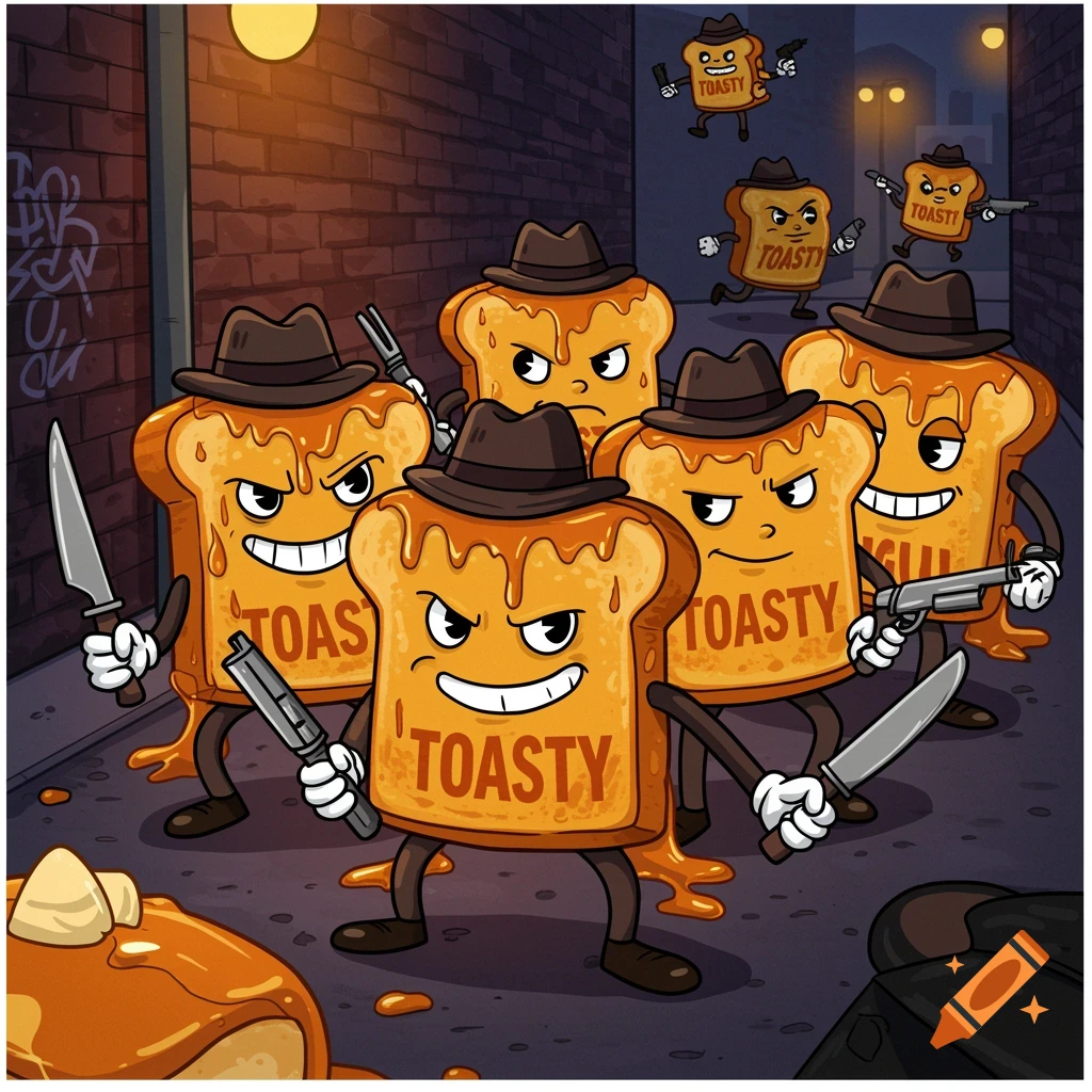 Cartoon French toast mafia characters with fedoras, armed with guns and knives, stand in a dark alley.