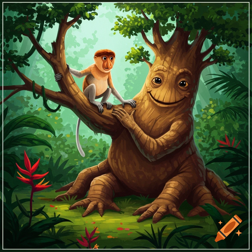 A cartoonish proboscis monkey sits on a branch of a smiling tree monster in a forest illustration.