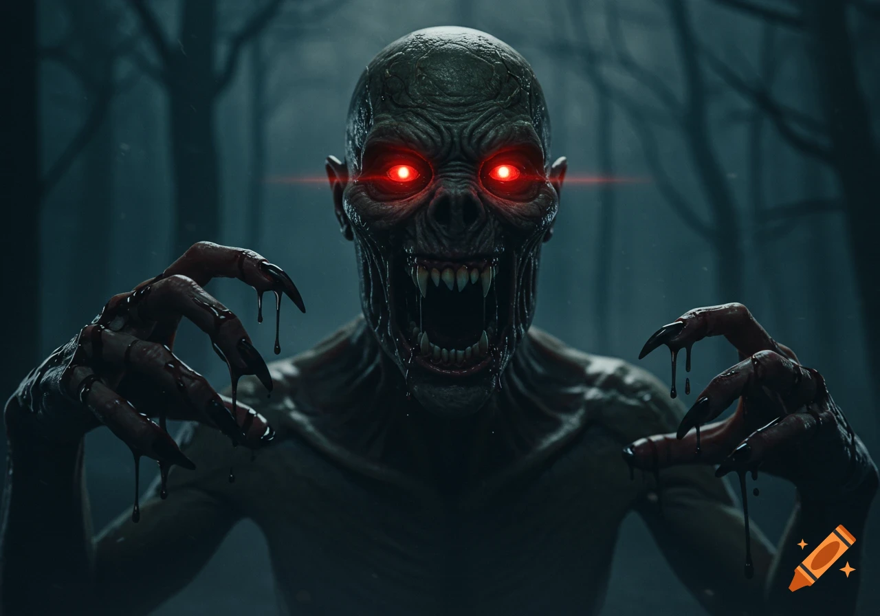 Close-up of a horrifying monster with glowing red eyes and dripping claws in a dark forest.