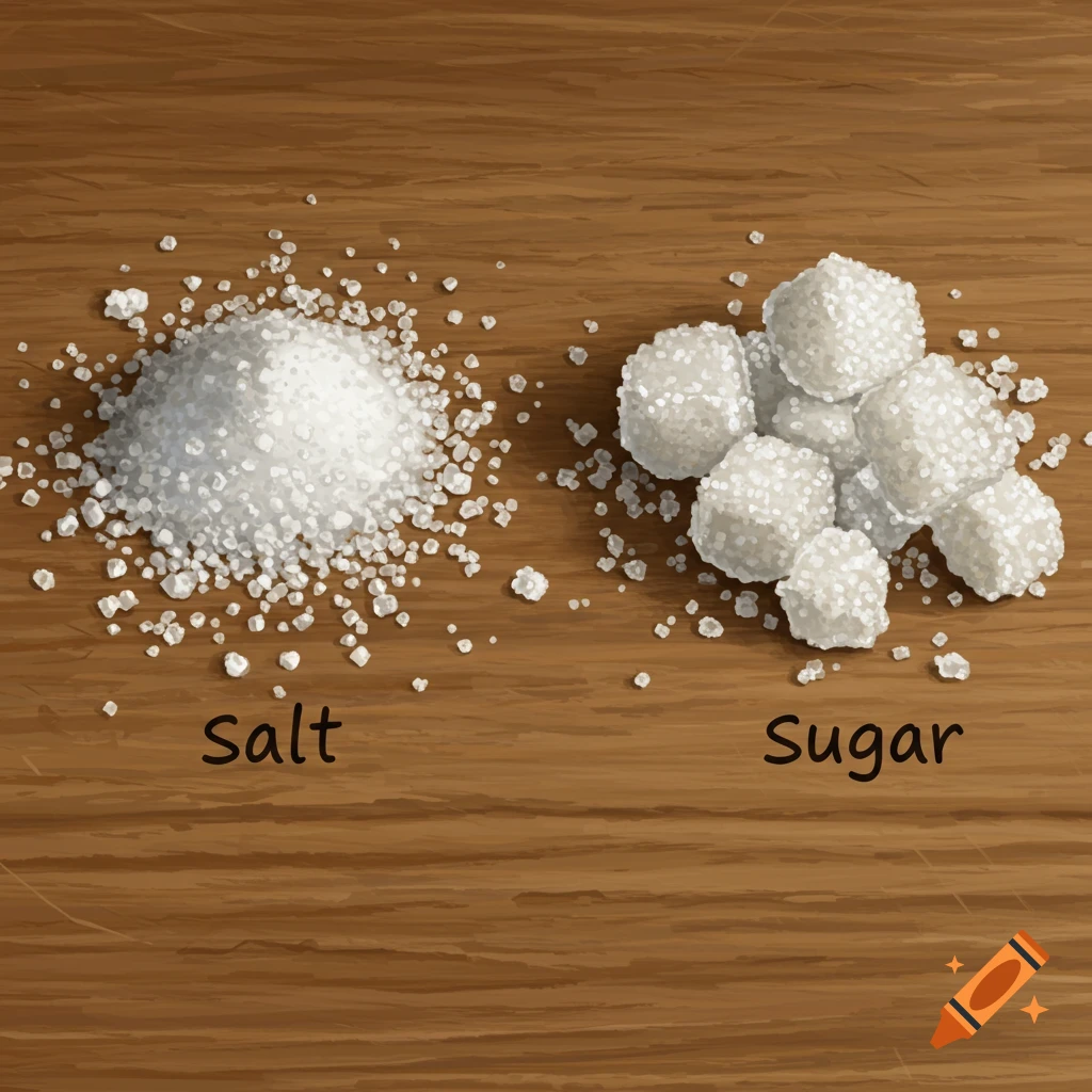 Illustration of piles of salt and sugar on a wooden table, labeled.