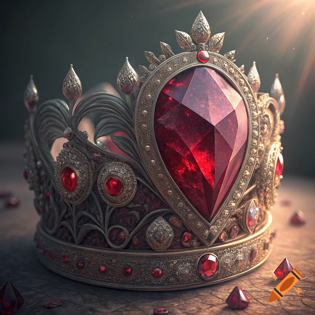 A detailed golden crown sits on a surface, adorned with a large central ruby and many smaller red jewels.