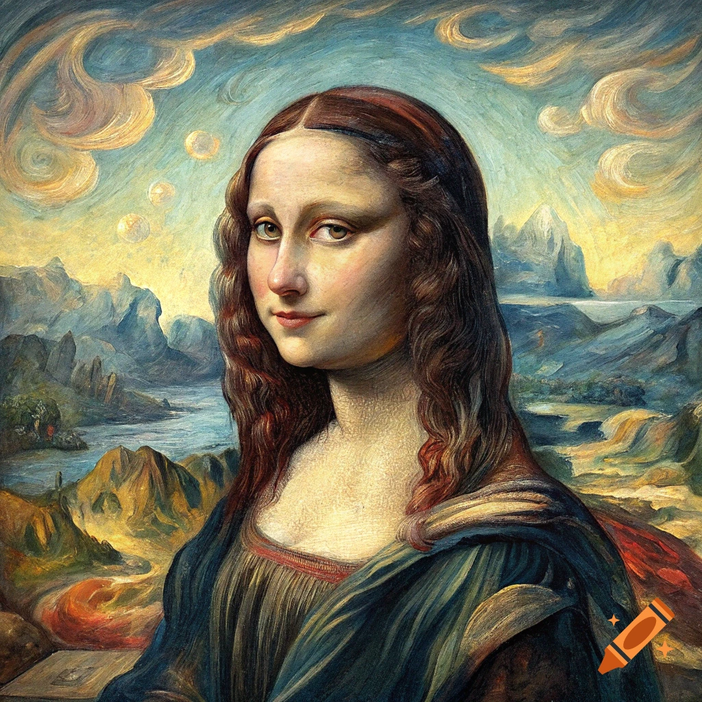 Surreal portrait of the Mona Lisa against a distorted landscape and sky.