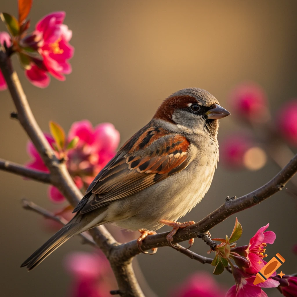 Sparrow perched on a branch with pink flowers.