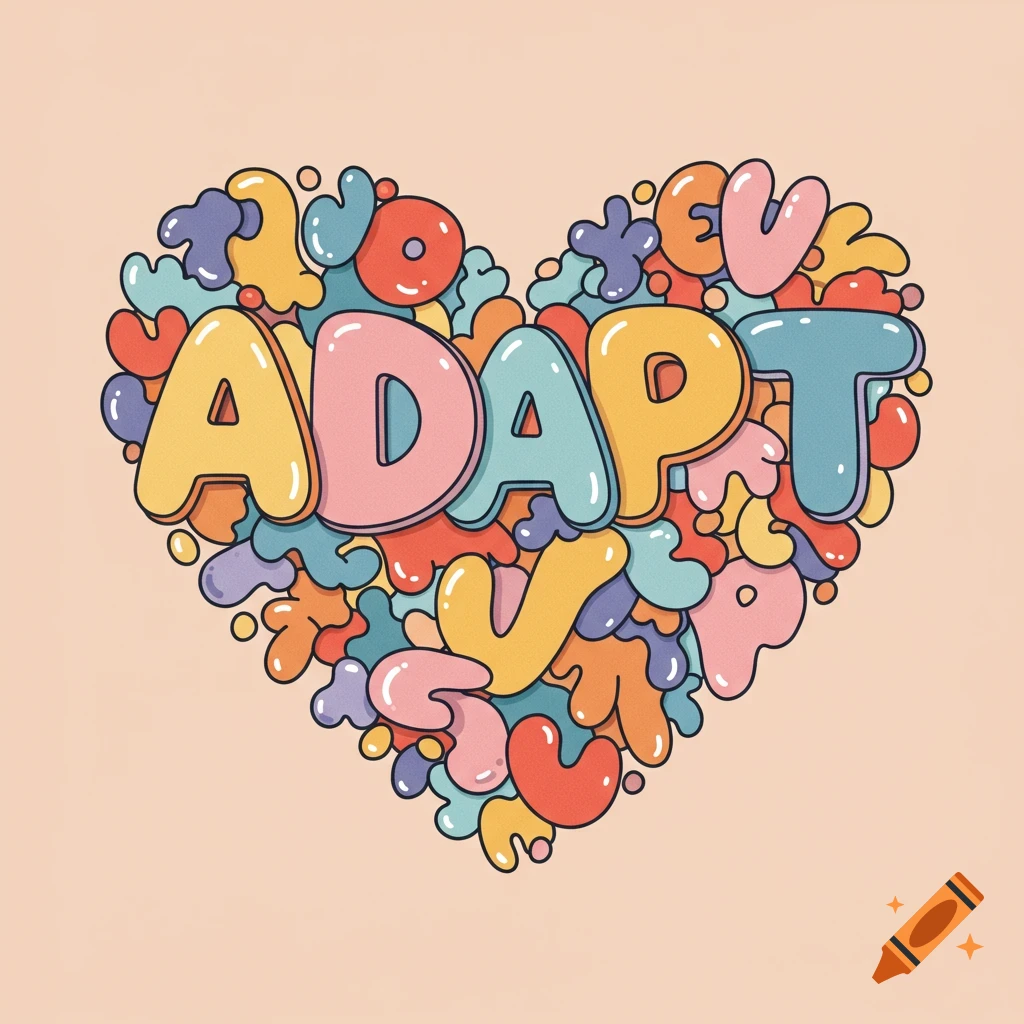 Colorful illustration of the word ADAPT forming a heart.