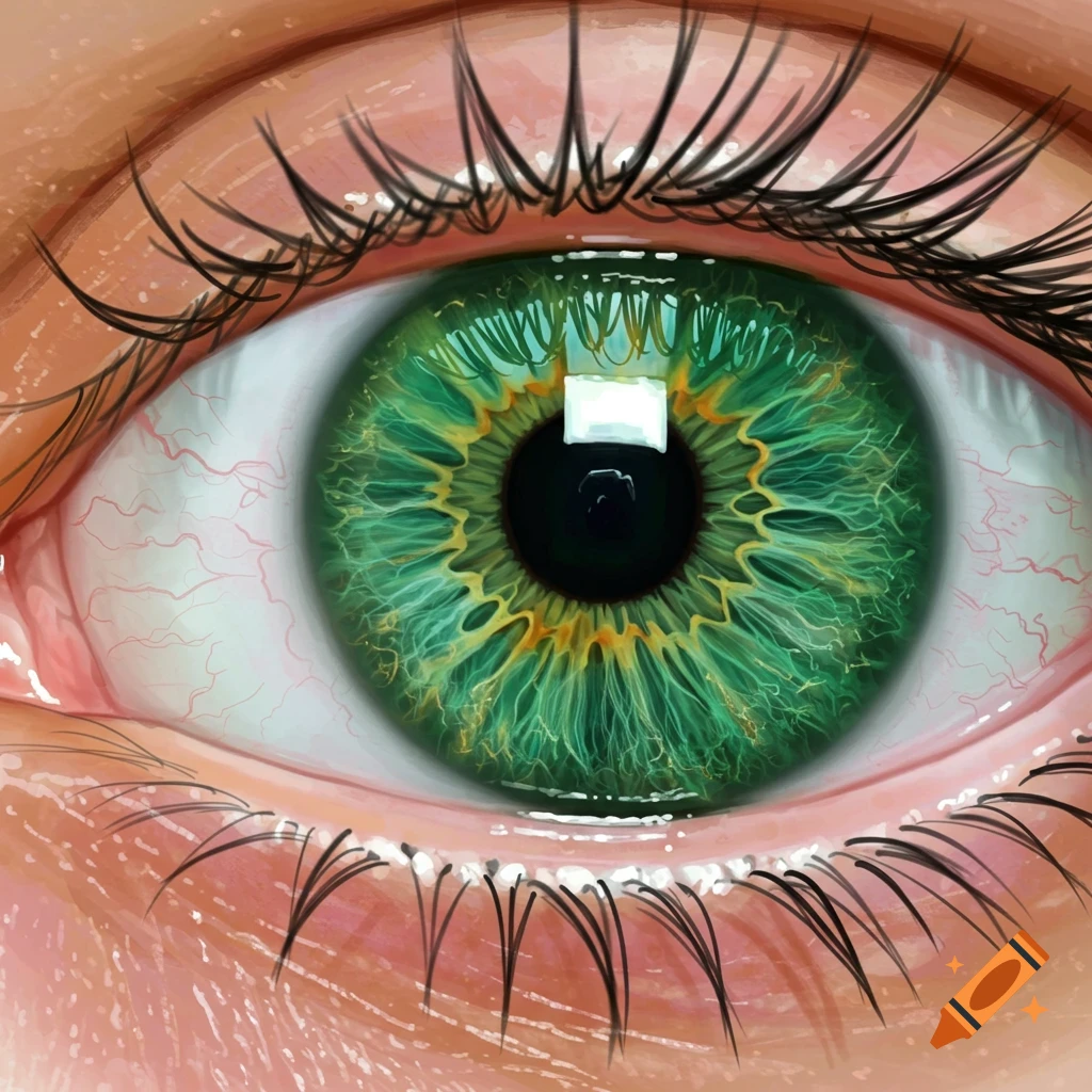 Detailed illustration of a green eye with lashes.