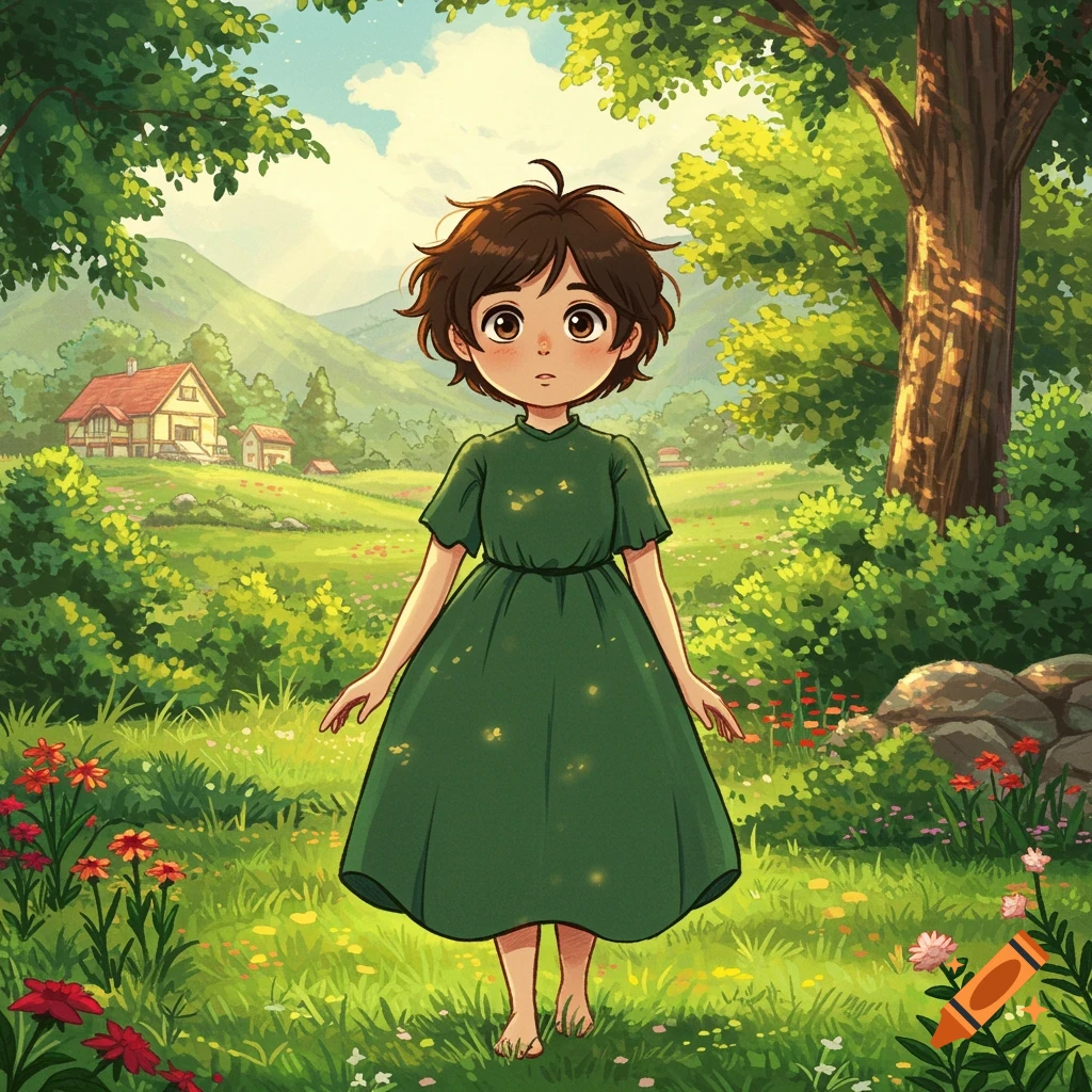 A young girl stands in a sunny, flower-filled field with trees and houses in the background, in a Studio Ghibli style.