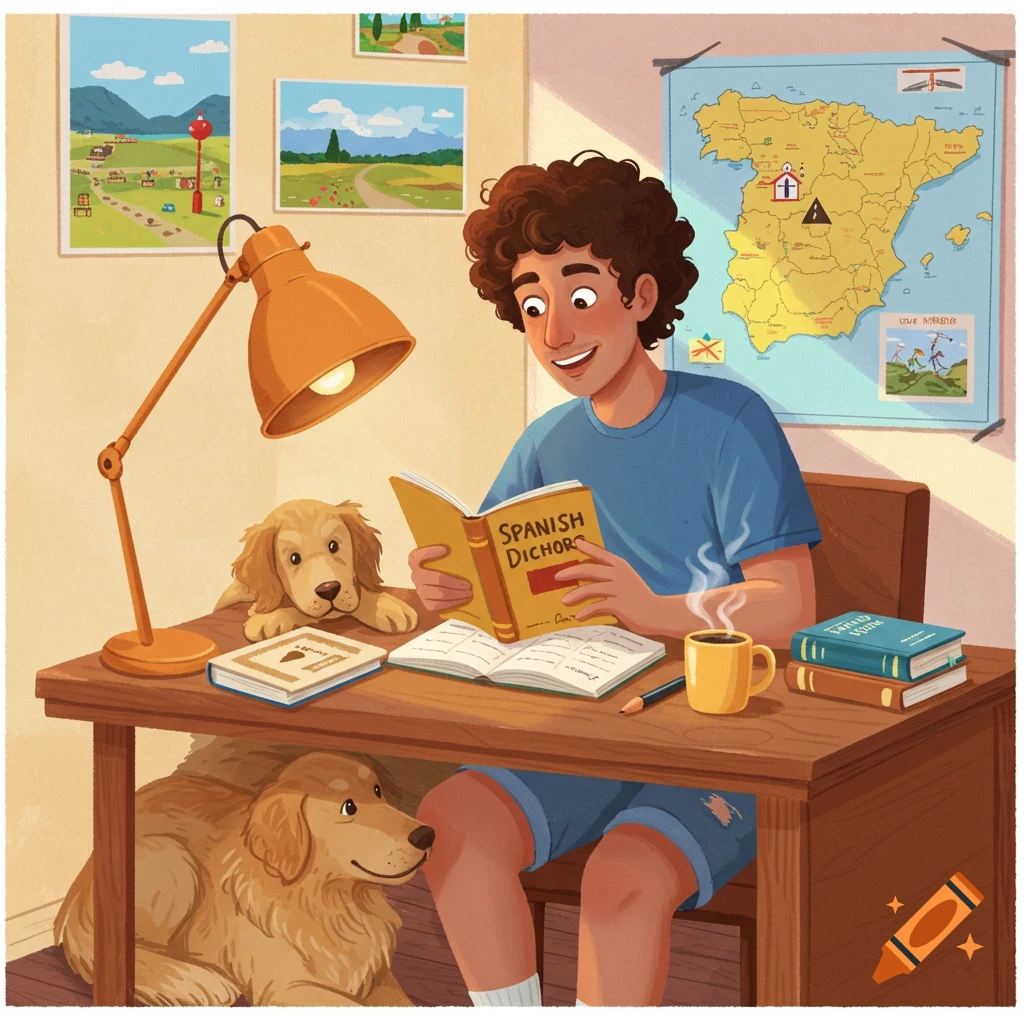 Illustration of a young man studying at a desk with two golden retrievers.