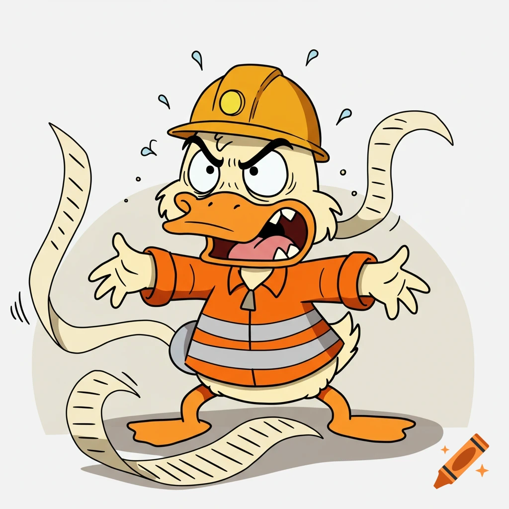 Angry cartoon duck in construction gear tangled in paper