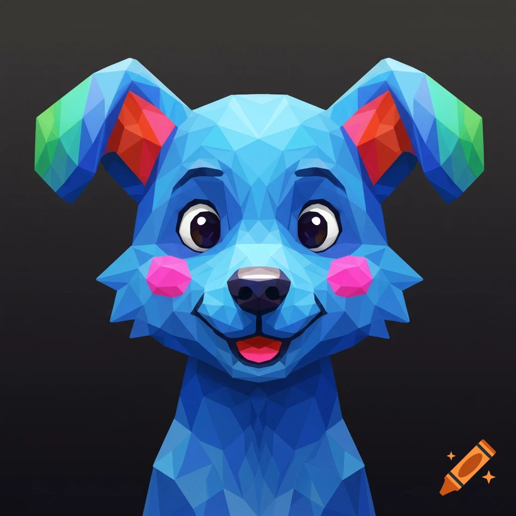 A cartoon dog portrait rendered in blue polygons
