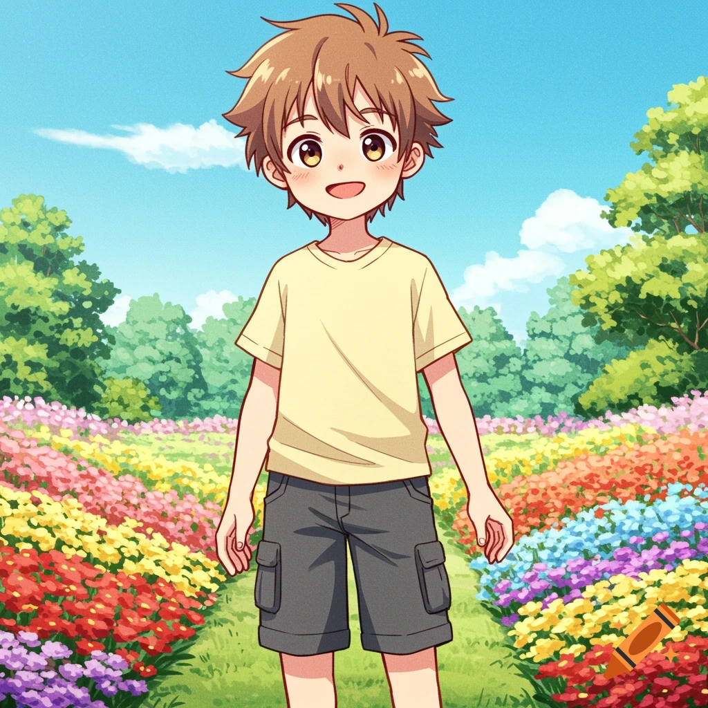 A cute anime boy stands smiling in a garden of colorful flowers.