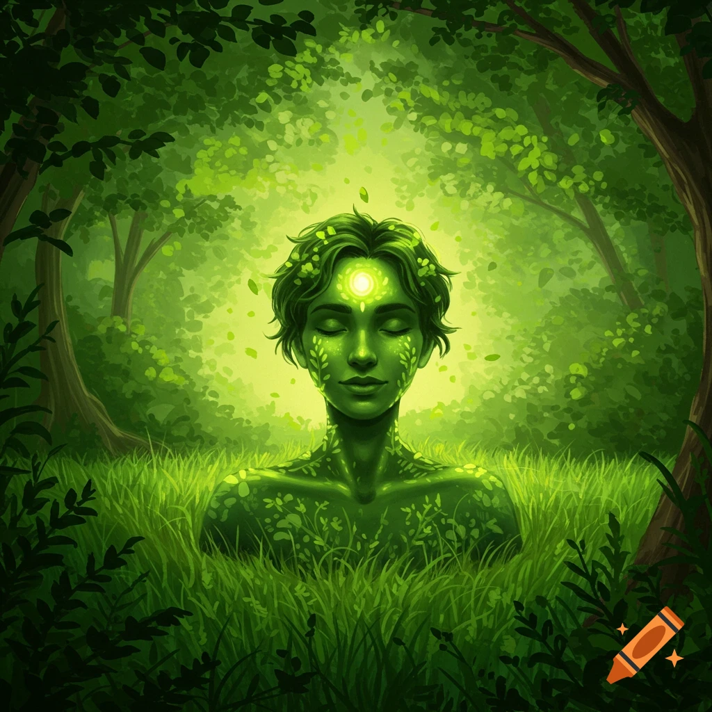 Illustration of a green figure glowing in a forest clearing
