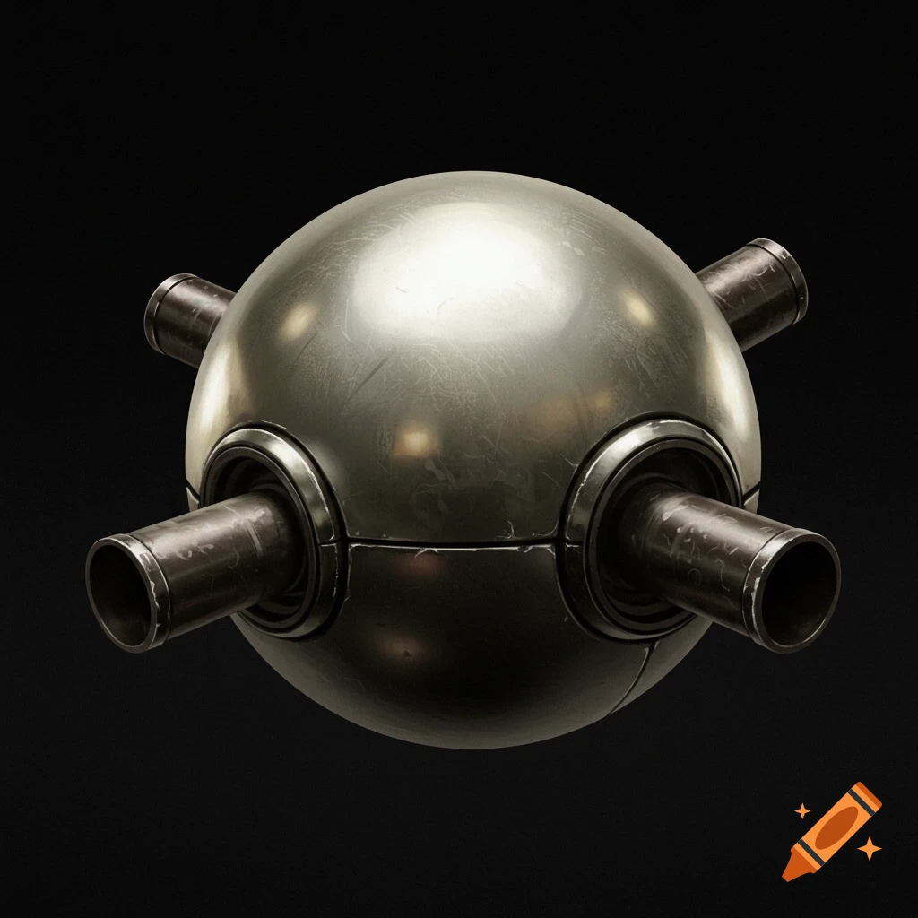 A metallic sphere with four pipes extending outwards, on a black background.