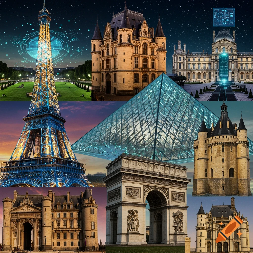 Collage of French monuments like Eiffel Tower, Louvre, Arc de Triomphe fused with glowing technological elements.