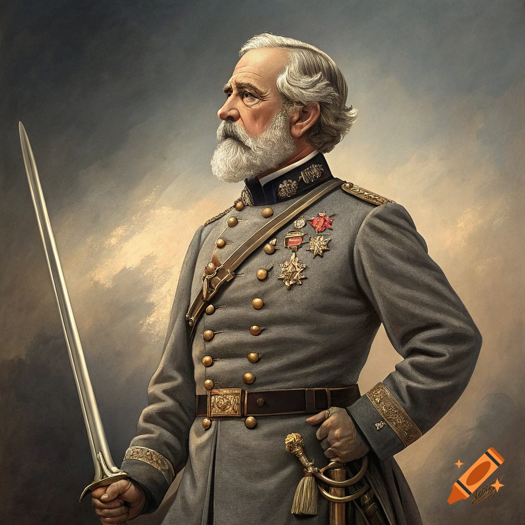 Portrait painting of Robert E. Lee in uniform holding a sword.