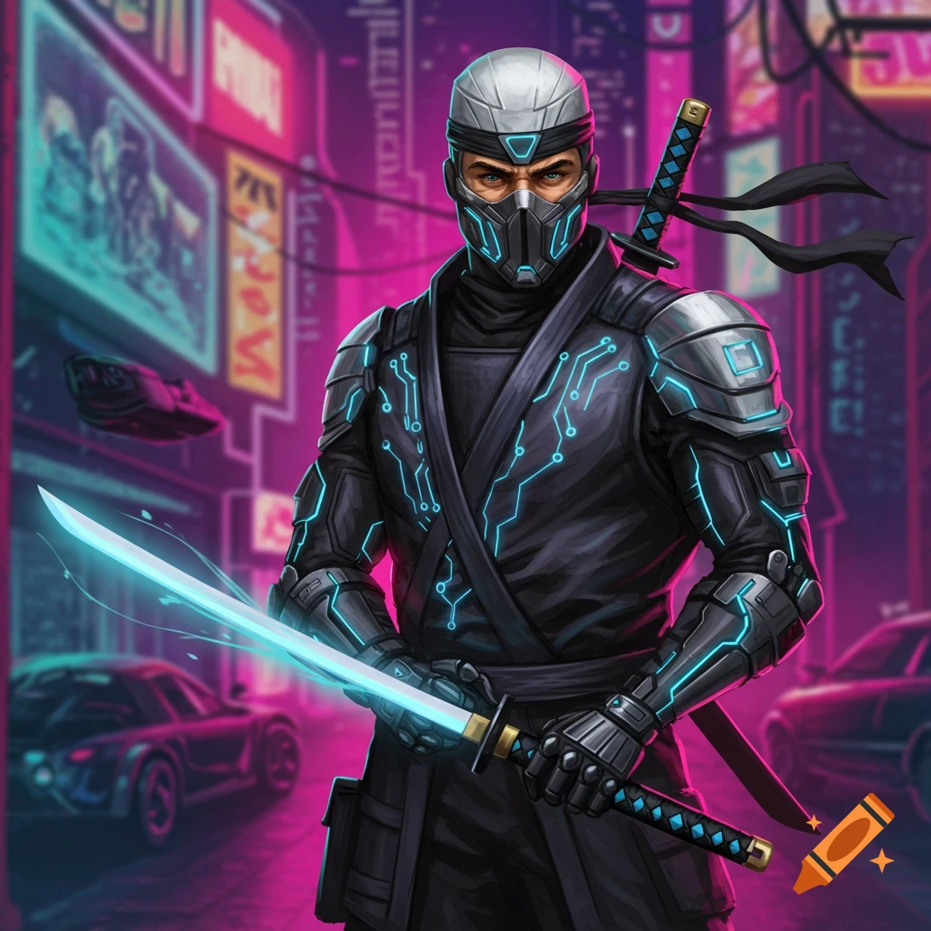 A cybernetic ninja warrior stands on a neon-lit city street, holding a glowing sword.
