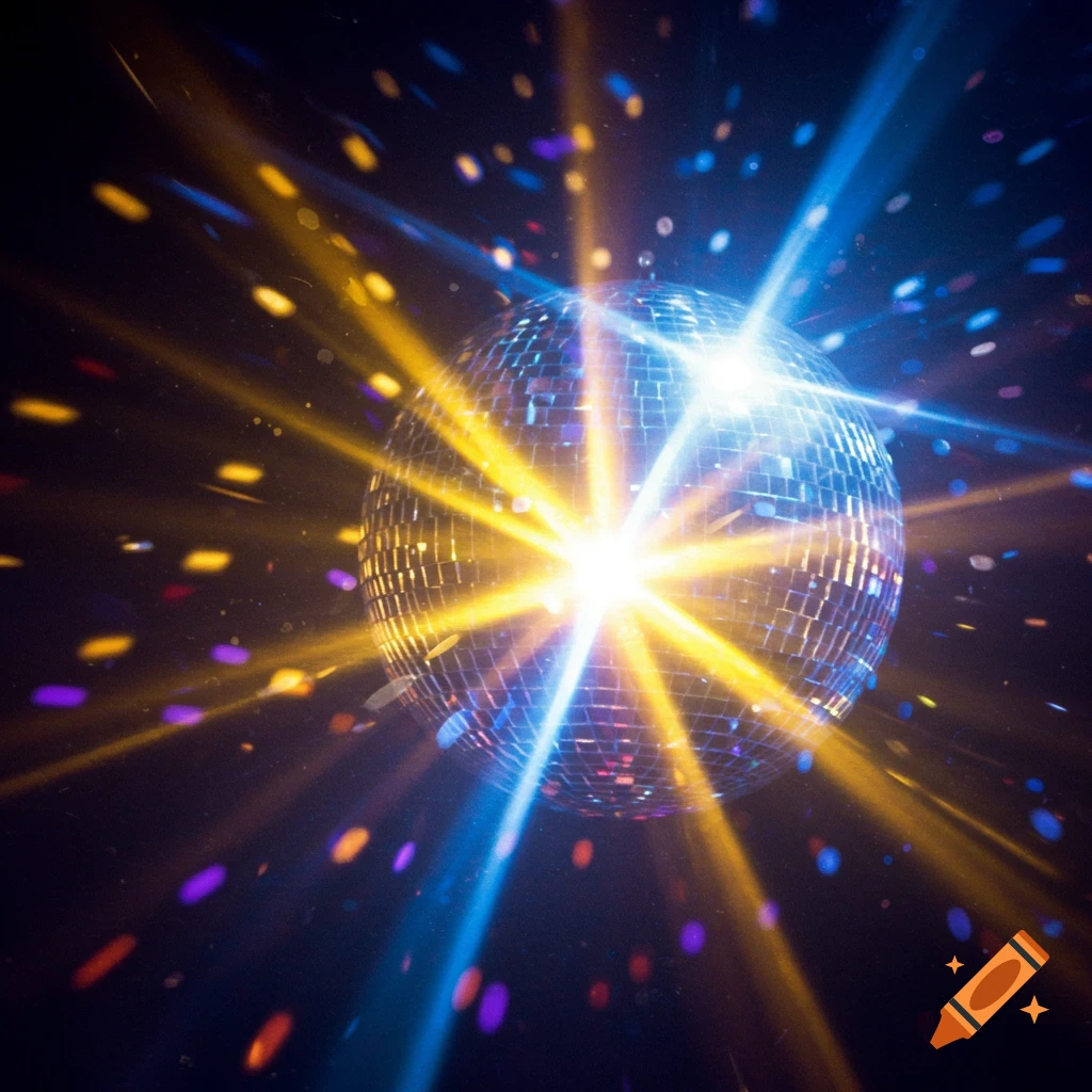 A disco ball reflecting colorful light rays and sparkling particles in a dark room.