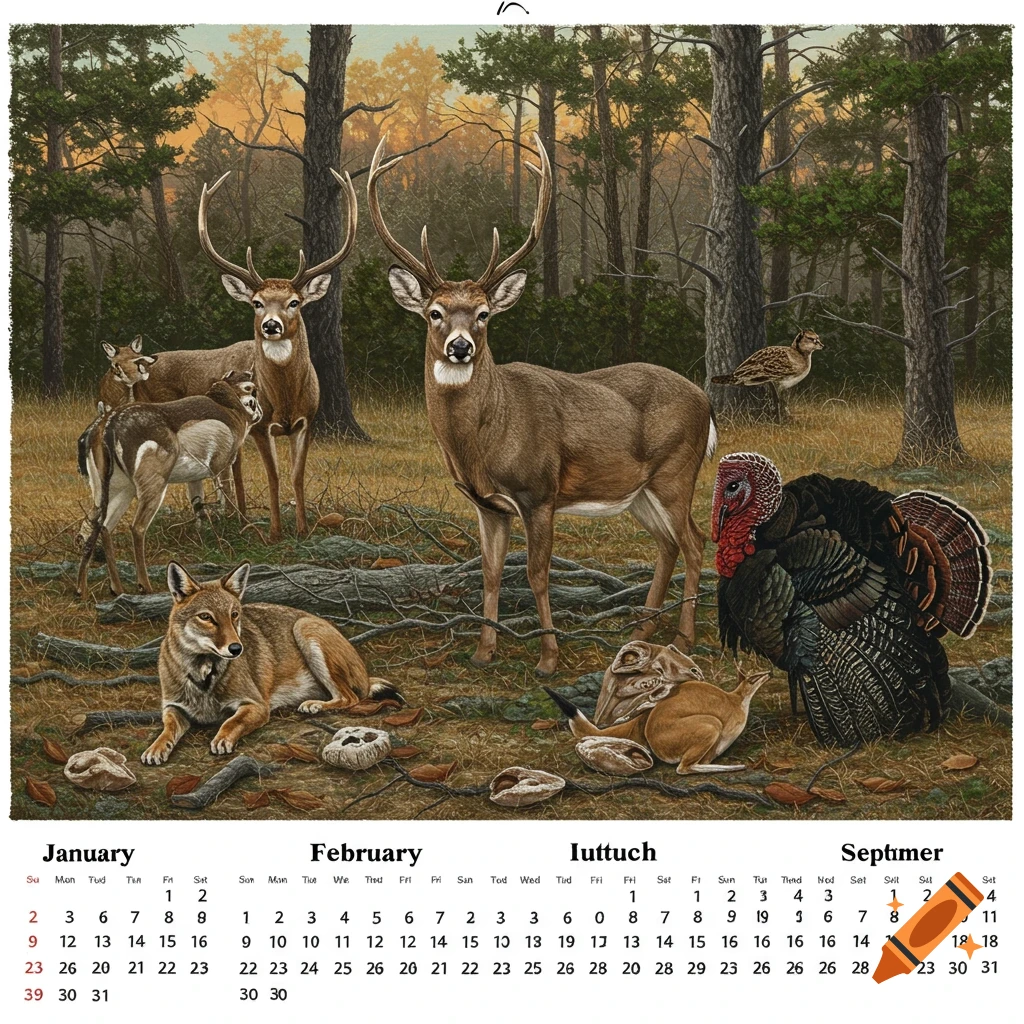Calendar featuring hunting and NASCAR themes