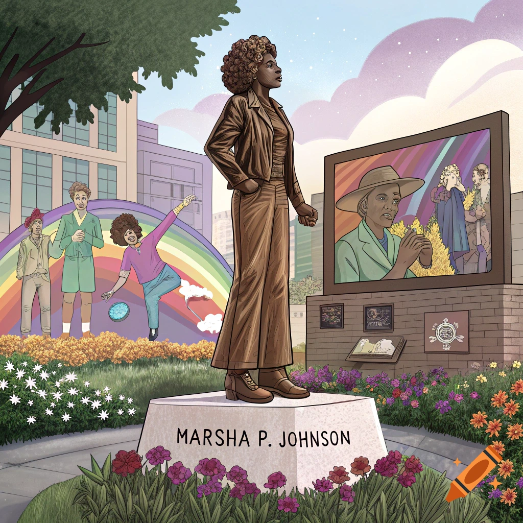 Illustration of a memorial monument to Marsha P. Johnson in a park with flowers, a rainbow, and other figures.