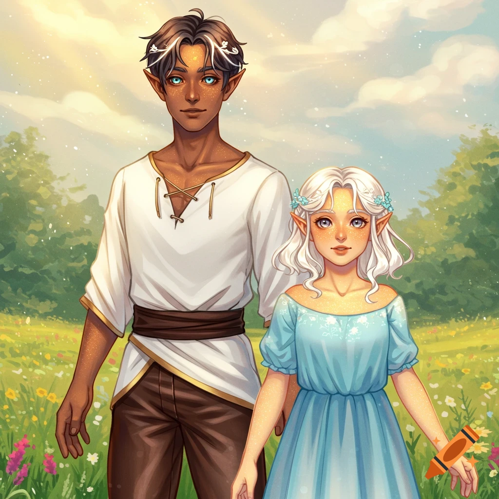 A digital illustration of a male and female fantasy character with pointy ears standing in a sunny field with flowers.