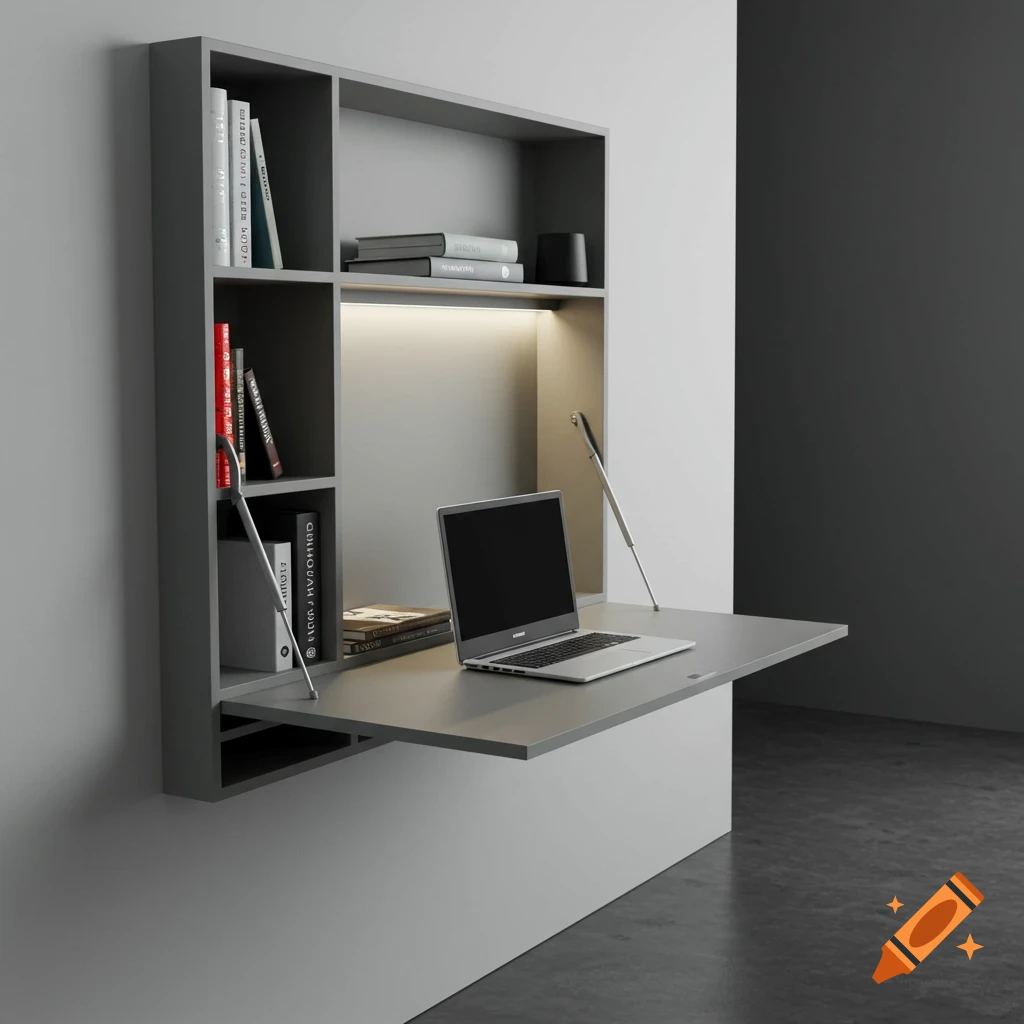 A grey wall-mounted desk and shelving unit with a laptop and books.