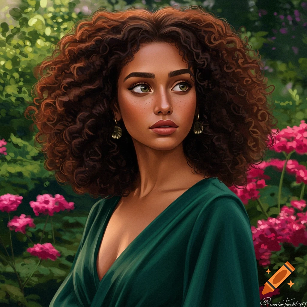 Stylized portrait of a woman with curly hair in a garden