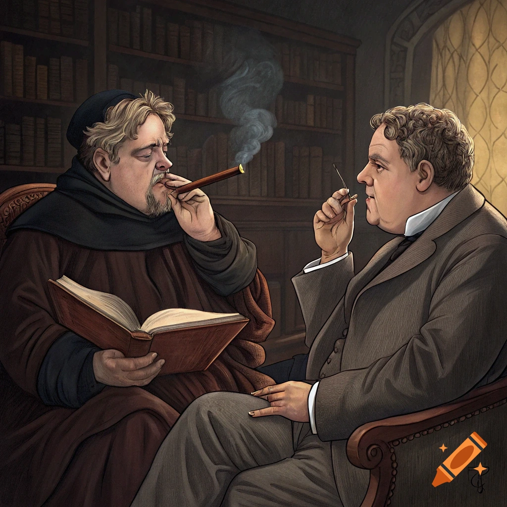 Illustration of two men smoking and talking while sitting in chairs in a library.