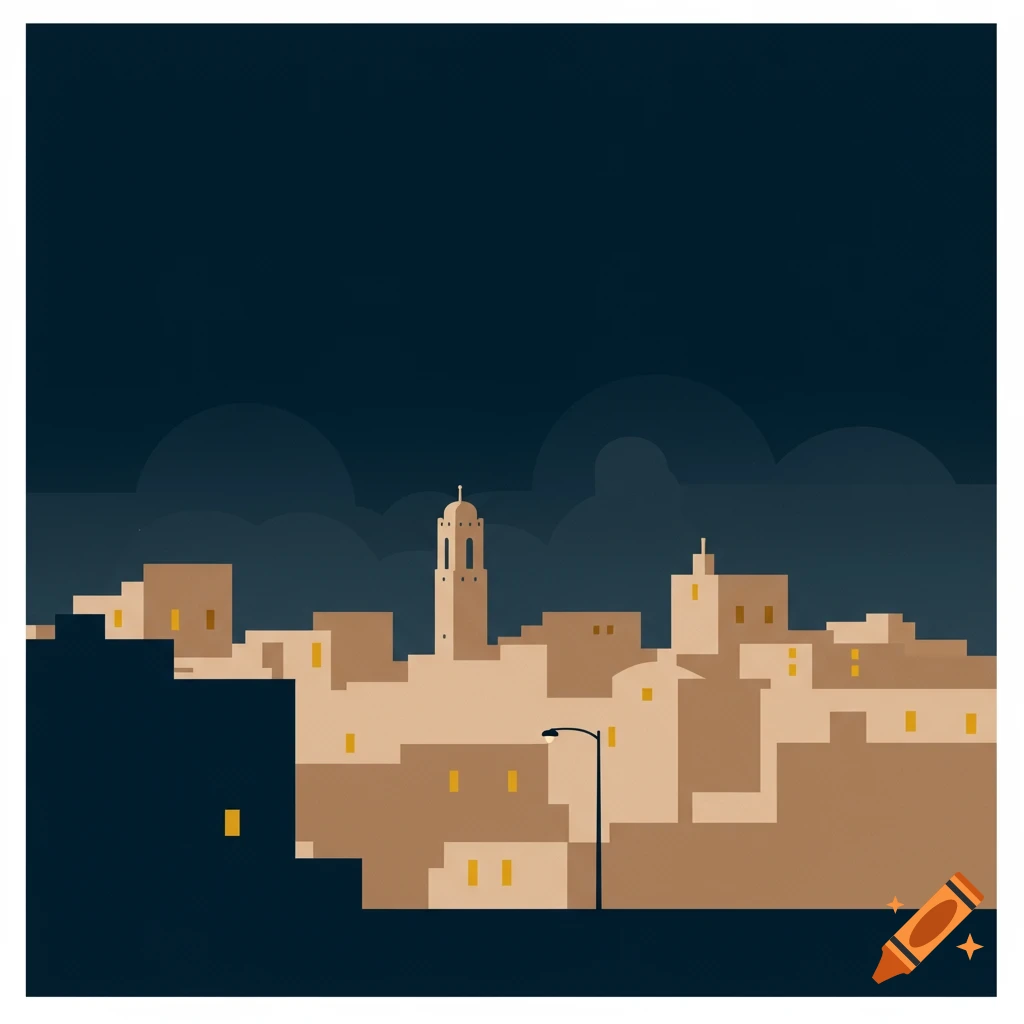 Minimalistic cityscape at night with light-colored buildings and a streetlamp.