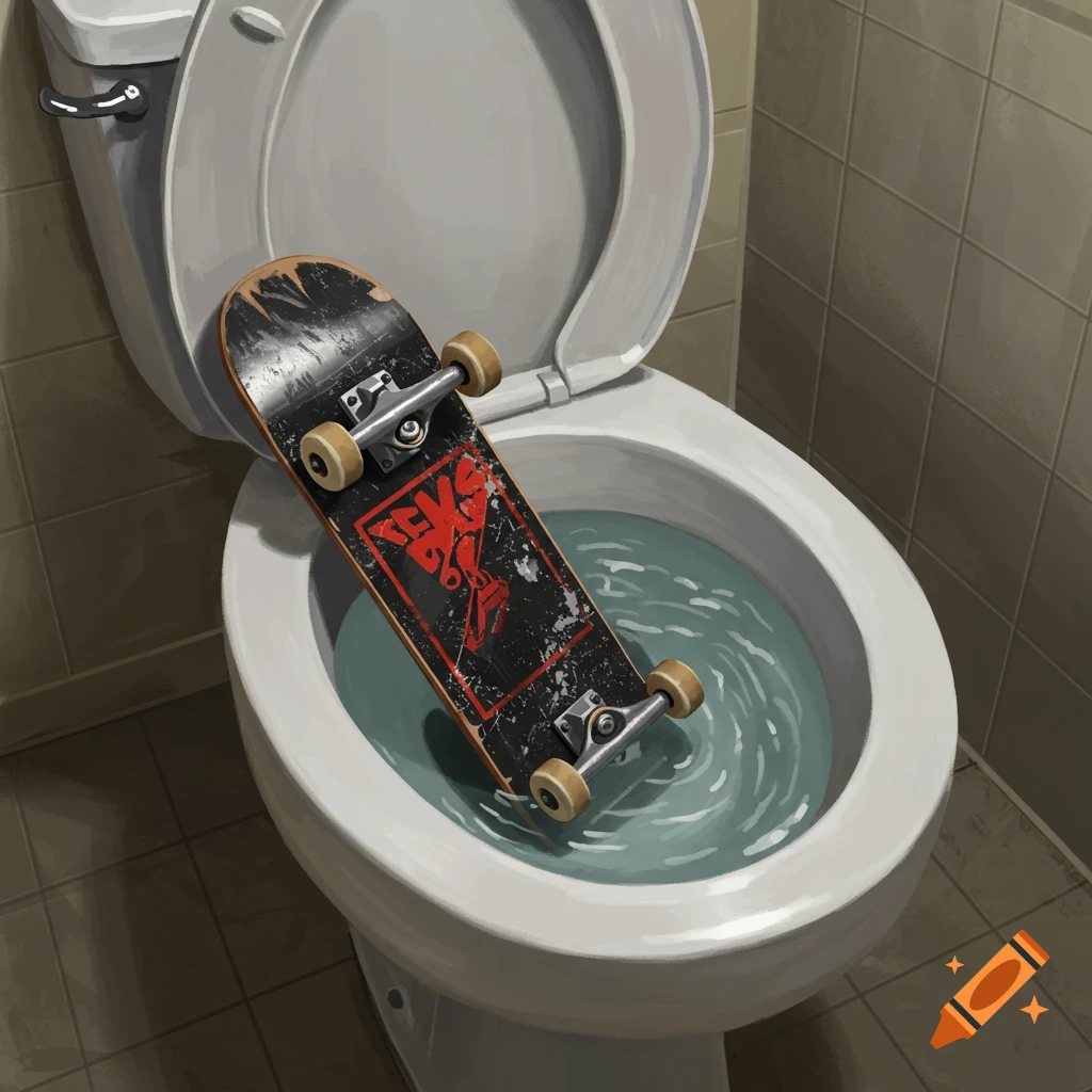 A skateboard rests in a toilet bowl, rendered in an illustrative style.