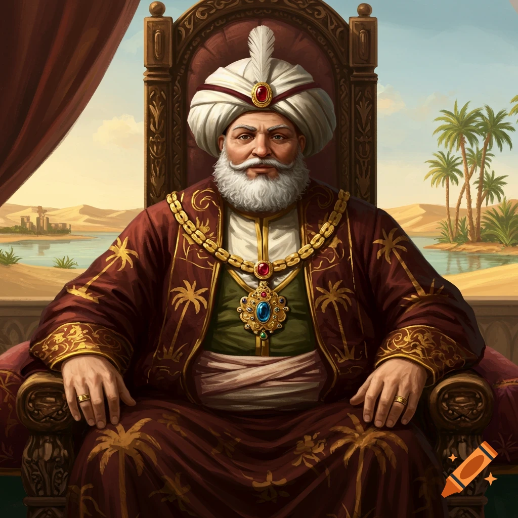 A richly dressed man in a turban sits on a throne in a desert scene.