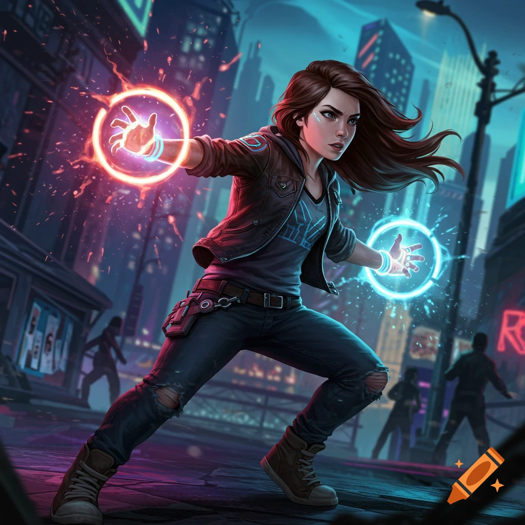 A young woman with glowing energy powers stands ready in a neon-lit cyberpunk city street.