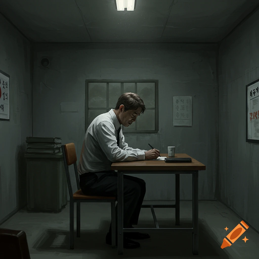 Man writing at a desk in a stark, dimly lit room.