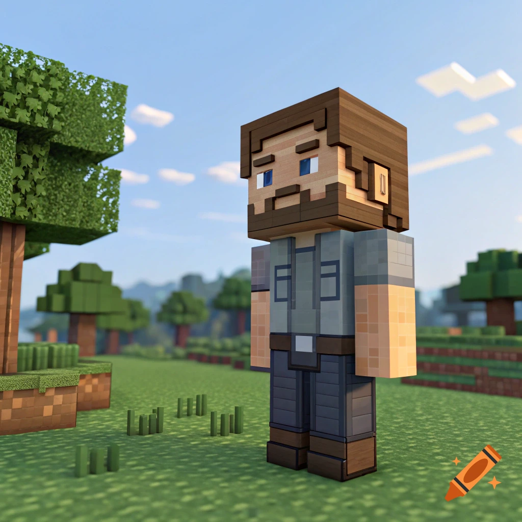 A blocky character resembling a man with a beard stands in a Minecraft-style landscape.