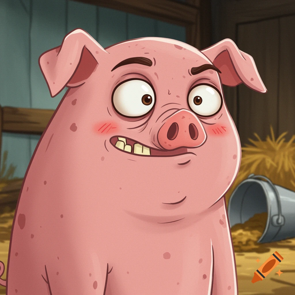 Cartoon pig with goofy expression in messy farm setting.