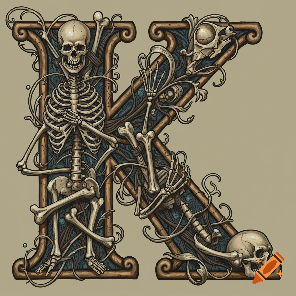 Letter K drop cap with skeleton embellishments
