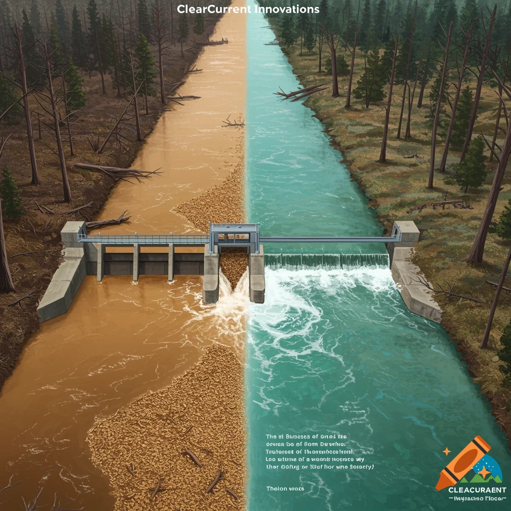 Illustration of a dam splitting a muddy brown river on the left from a clear blue river on the right, surrounded by forest.