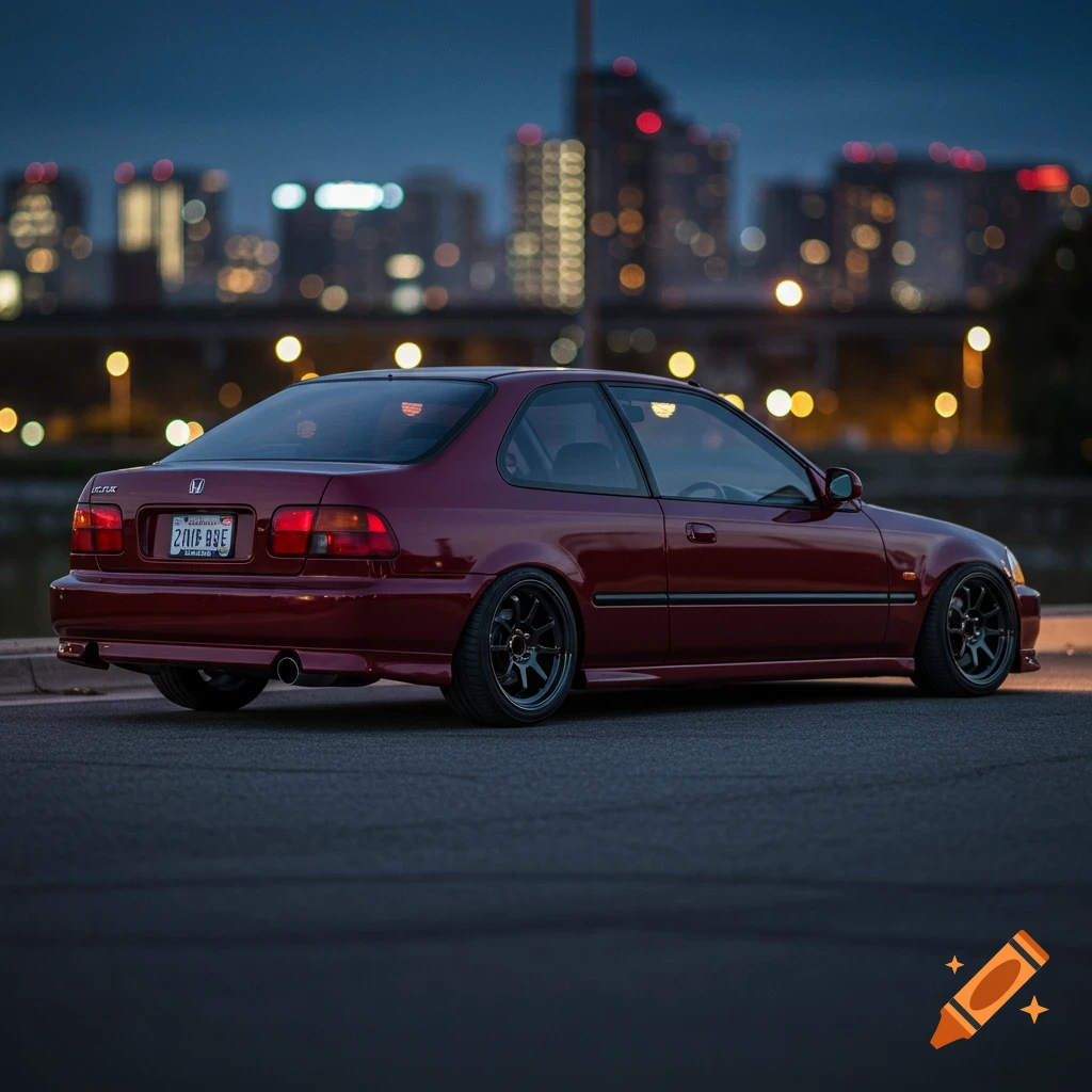 Red Honda Civic coupe parked at night with blurred city skyline