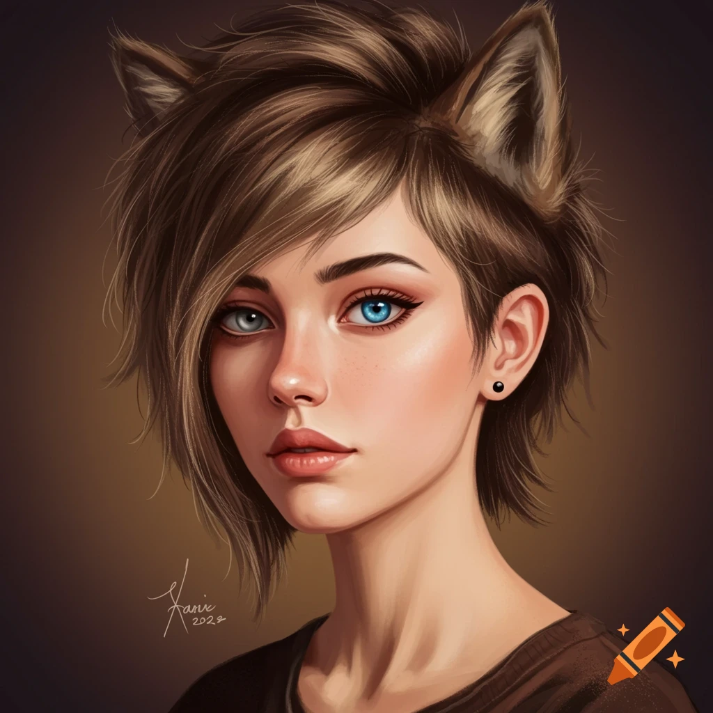 Digital portrait of a young woman with animal ears, short brown hair, and blue eyes.