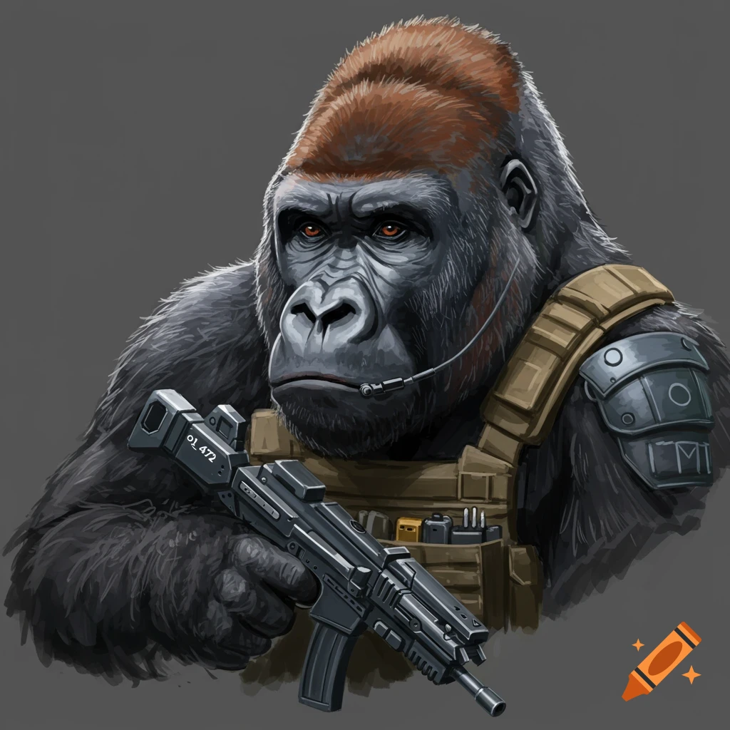 Illustration of a gorilla wearing tactical gear and holding a rifle.