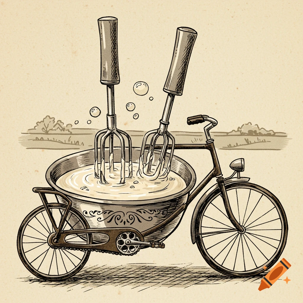 Old fashioned drawing of a bicycle with eggbeaters mixing batter in a bowl.