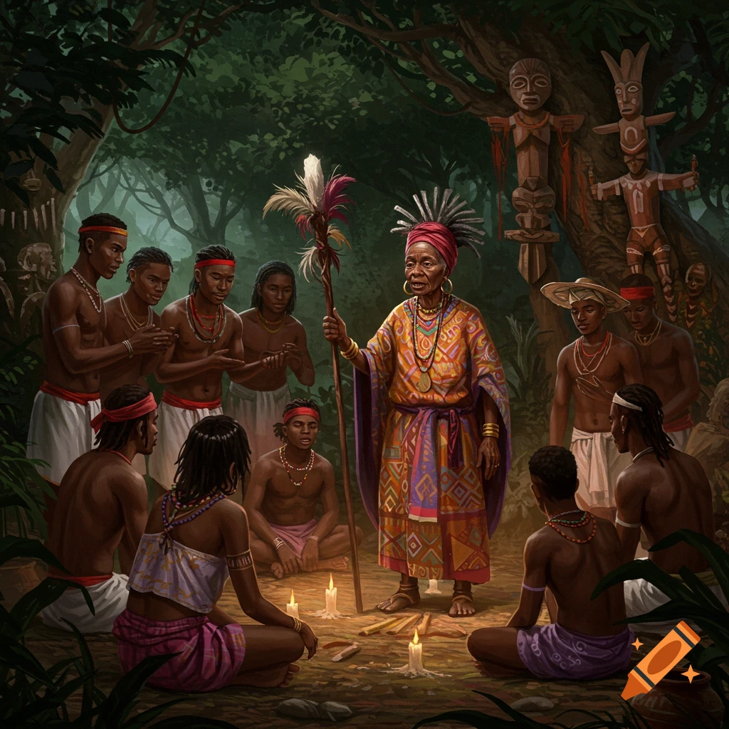 A tribal ceremony in a jungle clearing with figures, totems, and candles.
